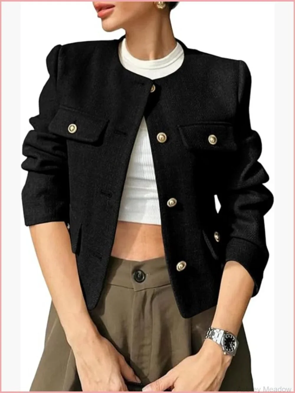 Cropped Tweed Blazer Jacket Collarless Button Down Business Casual Winter Coat